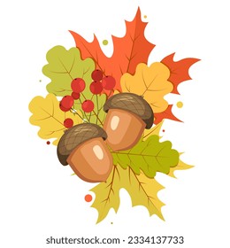 Hand drawn autumn fall clip art. Acorns, guelder rose and colorful leaves.