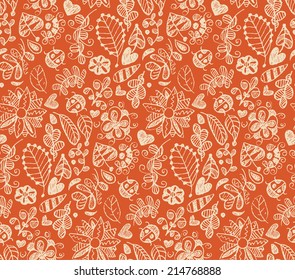 Hand drawn autumn floral seamless pattern background in vector with flowers, hearts, ladybug, leaves
