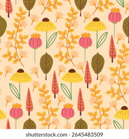 Hand Drawn Autumn Flowers and Leaves Seamless Pattern. Warm and earthy botanical design with fall vibes perfect for cards, patterns, print, web