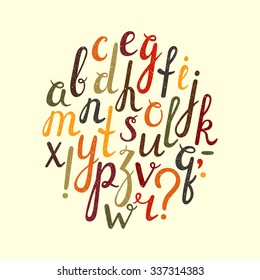 Hand drawn autumn font with punctuation marks. All letters are painted in autumn colors. Italic, bold. Question mark, exclamation point, period, comma, dash, hyphen. Grunge style. Vector illustration.