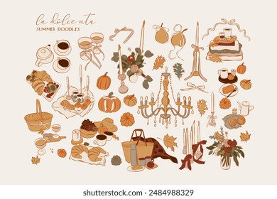 Dibujado a mano ilustración de comida de otoño. Iconos de bodas y picnic. Vectores de arcos, croissant, Ilustraciones para invitaciones, menús y fiestas. La dolce vita estilo italiano