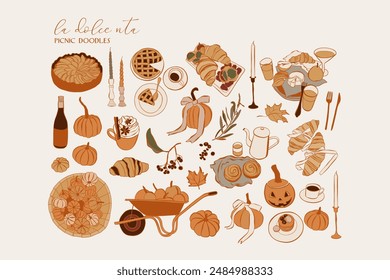 Dibujado a mano ilustración de comida de otoño. Iconos de bodas y picnic. Vectores de arcos, croissant, Ilustraciones para invitaciones, menús y fiestas. La dolce vita estilo italiano