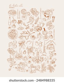 Hand drawn autumn food illustration. Sketch style party wedding and picnic icons. Vectors of bows, croissant, Illustrations for invitations, menus and parties. La dolce vita italian style