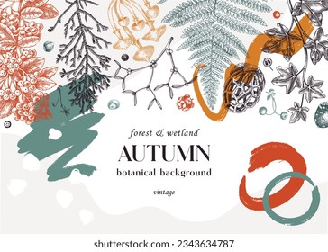 Handgezeichneter Herbstwaldhintergrund. Banner im Collage-Stil mit Farnen, Pilzen, Herbstblättern und Herbstskizzen. Trendy botanische Designvorlage mit abstrakten Elementen, geometrischen Formen