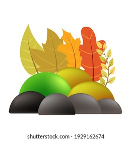 Hand drawn autumn forest leaves collection with stone