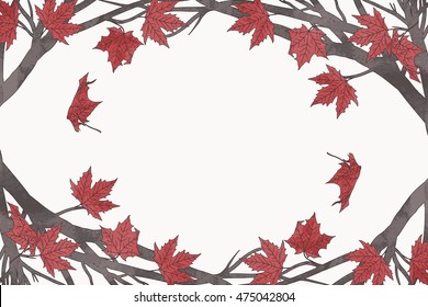 Hand drawn autumn frame template with red maple leaves and branches