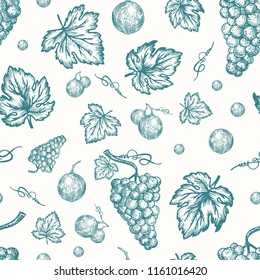 Hand Drawn Autumn Grapes Harvest Vector Seamless Background Pattern. Grape Berries, Brunch and Leaves Sketches Card or Cover Template.