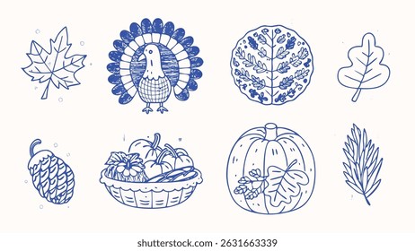 Ícones de colheita de outono desenhados à mão uma coleção de ilustrações rústicas encantadoras perfeitas para festivais de outono de Ação de Graças e desenhos sazonais