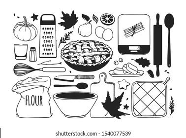 Hand drawn autumn holidays illustration. Creative ink art work. Actual vector black and white drawing. Thanksgiving Day set: food, drinks, things