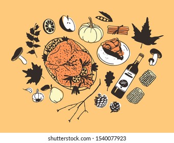 Hand drawn autumn holidays illustration. Creative ink art work. Actual vector drawing. Thanksgiving Day set: food, drinks, things