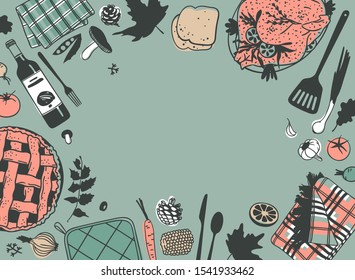 Hand drawn autumn holidays illustration. Creative ink art work. Actual vector drawing. Thanksgiving Day set: food, drinks, things