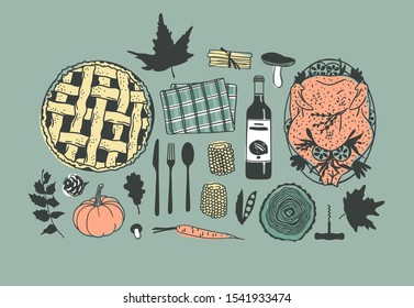 Hand drawn autumn holidays illustration. Creative ink art work. Actual vector drawing. Thanksgiving Day set: food, drinks, things