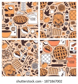 Hand drawn autumn holidays illustration. Creative ink art work. Actual vector drawing. Thanksgiving Day seamless pattern with food, drinks, things