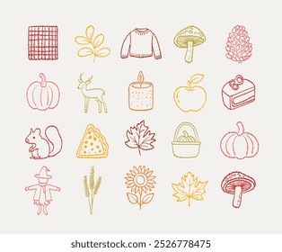 Hand drawn autumn icons collection. Minimalist style featuring various autumn-related elements like leaves, pumpkins, animals, and more. Perfect for seasonal design, packaging, and digital projects.