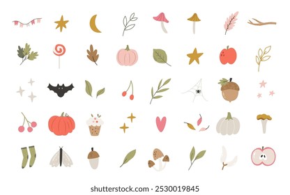 Hand Drawn Autumn Icons. Cozy Fall Leaves, Mushrooms, Berries and Nature Elements