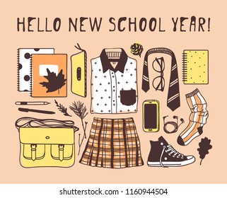 Hand drawn Autumn illustration. Creative ink art work. Actual vector School Drawing. Fashion Card with text Hello New School Year!