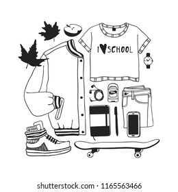 Hand drawn Autumn illustration. Creative ink art work. Actual vector School Drawing. Fashion Black and White Card 