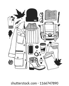 Hand drawn Autumn illustration. Creative ink art work. Actual vector School Drawing. Fashion Black and White Card 
