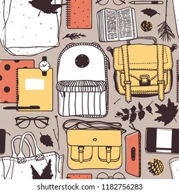 Hand drawn Autumn illustration. Creative ink art work School things. Actual vector Student Seamless pattern
