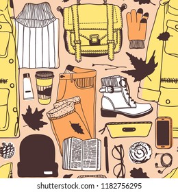 Hand drawn Autumn illustration. Creative ink art work School things. Actual vector Student Seamless pattern