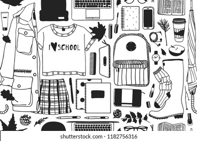 Hand drawn Autumn illustration. Creative ink art work School things. Actual vector Student Seamless pattern