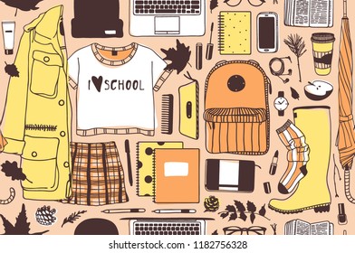 Hand drawn Autumn illustration. Creative ink art work School things. Actual vector Student Seamless pattern