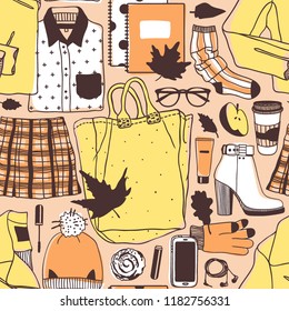 Hand drawn Autumn illustration. Creative ink art work School things. Actual vector Student Seamless pattern