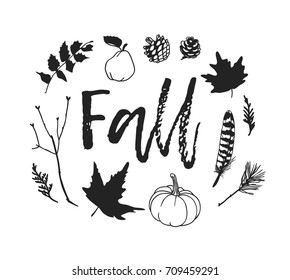 Hand drawn autumn illustration. Creative ink art work. Actual vector drawing. Doodle style set of fall season objects: twig, leaf, cone, pumpkin, pear, feather