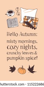 Hand drawn Autumn illustration and lettering. Creative ink season art work with text HELLO AUTUMN. Actual vector quote about Fall
