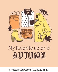 Hand drawn Autumn illustration and lettering. Creative ink season art work with text MY FAVORITE COLOR IS AUTUMN. Actual vector quote about Fall