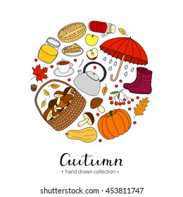 Hand drawn autumn items composed in circle shape with lettering.