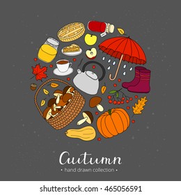 Hand drawn autumn items composed in circle shape with lettering.