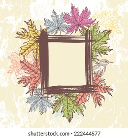 Hand drawn autumn leaves, berries  and  forest bird frame.  All objects are conveniently grouped  and are easily editable.