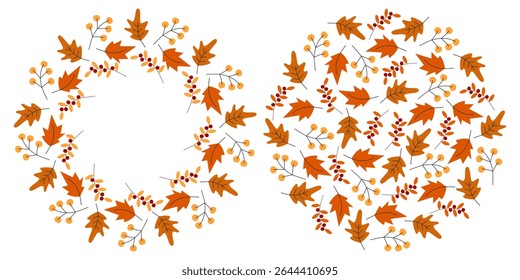 Hand Drawn Autumn leaves and Berry Twigs Circle Frame Border and Backdrop Autumn Copy Space Template