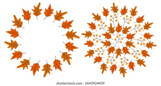 Hand drawn Autumn leaves Circular Frame Border and Backdrop Autumn Holidays Copy space Template Set