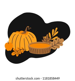 Hand drawn Autumn leaves, fall forest nature. Pumpkin pie. Hello autumn vector illustration card.