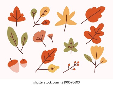 Hand Drawn Autumn Leaves. Flat Thanskgiving Leaf Element. Wam Color Falling Floral Vector Illustration