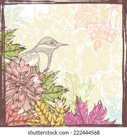 Hand drawn autumn leaves and flowers retro card with bird.  All objects are conveniently grouped  and are easily editable.