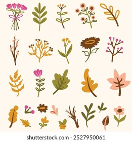 Hand drawn autumn leaves and flowers abstract With illustration style doodle and line art