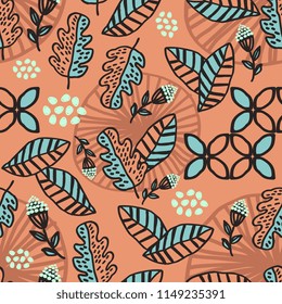 Hand drawn of autumn leaves and foliage pattern with blue and orange colors seamless background