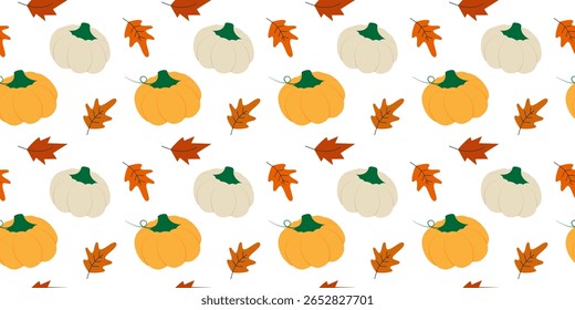 Folhas de outono desenhadas à mão e abóboras sem emenda padrão banner formato Ação de Graças Fundo de férias