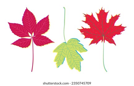 El otoño dibujado a mano tiene un estilo risográfico. Hojas de otoño aisladas ilustraciones de risoprint. Colorido gráfico retro de impresión de riso para afiche de evento de otoño, tarjeta de saludo, portada, etc.