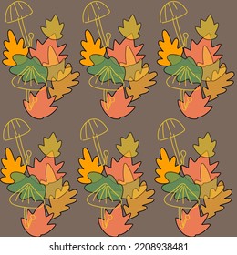 Hand drawn autumn maple leaves and mushroom seamless pattern vector