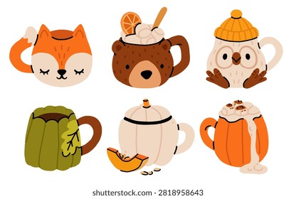 Hand drawn autumn mug set: fox, bear with orange slice, owl with hat, green pumpkin mug, pumpkin jar with lid, and pumpkin with whipped cream in orange, brown, and green colors.