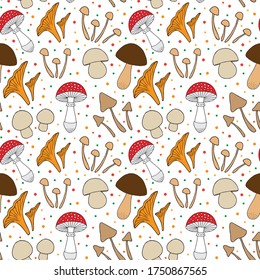 Hand drawn autumn mushrooms collection. Vector illustration. Seamless pattern.
