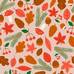 Hand Drawn Autumn Nature Elements Seamless Pattern. Fall Leaves, Mushrooms, Branches, Cones, Acorns