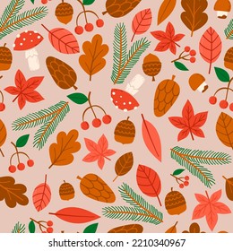 Hand Drawn Autumn Nature Elements Seamless Pattern. Fall Leaves, Mushrooms, Branches, Cones, Acorns