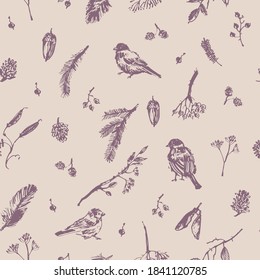 Hand drawn autumn nature seamless pattern, bullfinch, sparrow, tit, berries, cone, seeds in brown colors. For winter or autumn design background, greeting card, nursery art.