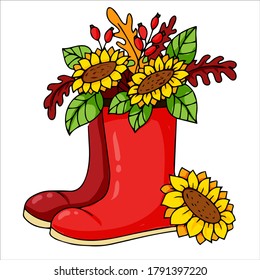 hand drawn autumn objects. rubber boots with flowers Collection of scrapbook elements for autumn party. Vector illustration isolated on white background