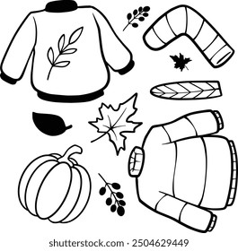 Hand Drawn Autumn Outline Art. legant hand-drawn outlines of autumn leaves, acorns, and nature elements. Ideal for minimalist designs, coloring books, and sophisticated seasonal decor.